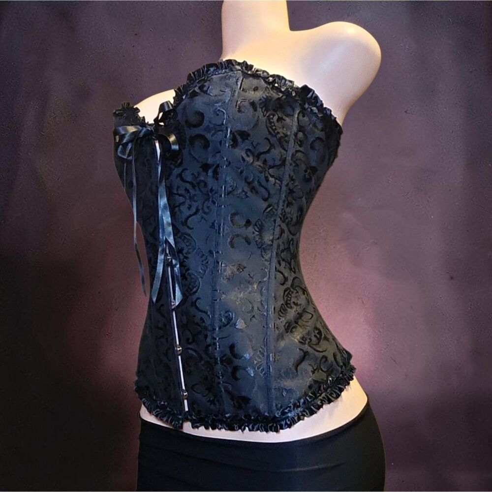 Goth Damask Brocade Corset 3X Black Ruffle Burlesque Vampire Whimsigoth
